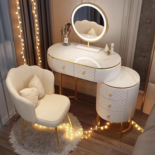 Moderno juego de tocador de maquillaje grande con cajones, armario lateral y silla, 3 colores de iluminación, elegante acabado blanco para ella (80 cm 78,7 cm)