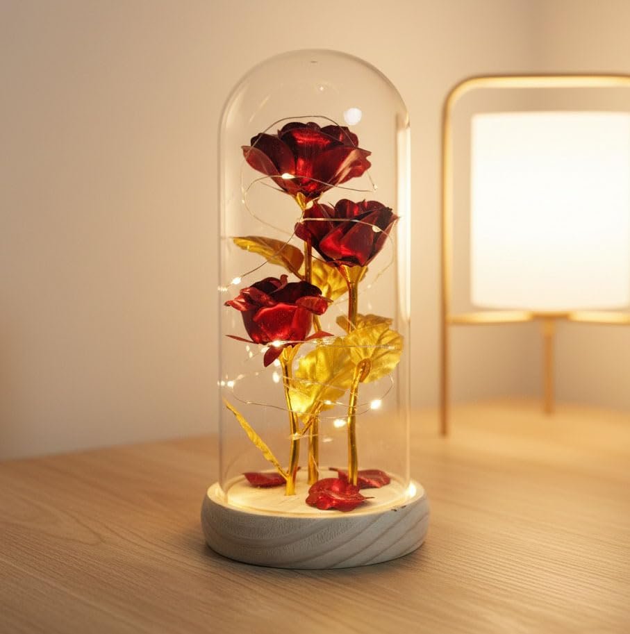 3 Rosas de lámina de Oro, Tapas de Vidrio, decoración de Regalos de Escritorio, Regalos de San valentín, decoración del hogar (Estilos4)