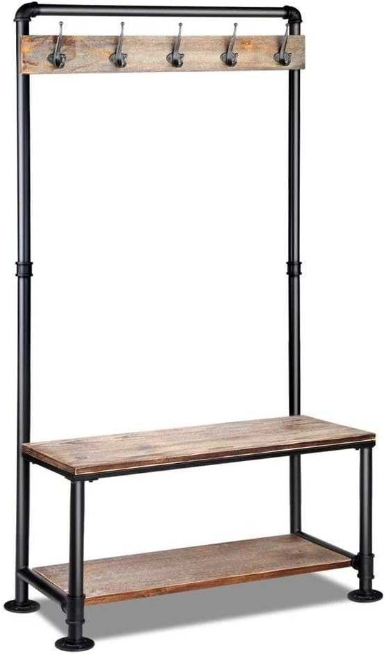 Diwhy Industrial Pipe Clothing Rack Pine Wood Shelving Shoes Rack Cloth Hanger Pipe Shelf Garment Racks (Style 2)