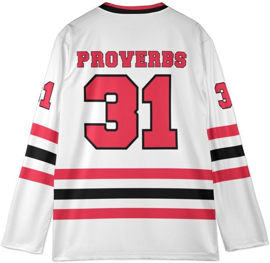 Proverbs 31 Hockey Jersey, Black or White with Red Stripes, Bible Verse Athletic Mesh V-Neck, Number Proverbs 31 Design