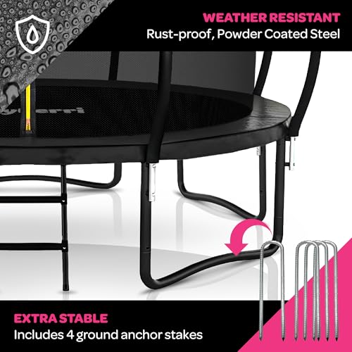 Image of JoyBerri Upsurge Trampoline Outdoor - ASTM Certified Safe 8Ft 10Ft 12Ft 14Ft 15Ft 16Ft Recreational Trampoline for Kids and Adults. Anti-Rust Coating with Enclosure Net, Ladder, Sprinkler & LED Lights