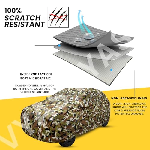 Image of VYAS 100% Waterproof Wagon R Car Cover Compatible with Maruti Wagon R (2010-2017) Full Body Car Cover, All Weather Protection with Mirror Pocket, Belt & Buckle Camouflage Design