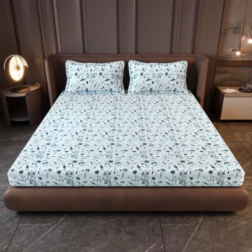 Image of Divine Casa King Size Fitted Bedsheet with 2 Pillow Covers (200 x 180 CM) | Cotton Twill Satin Floral Print | SKU Blue Elastic Fitted Sheet for Mattress.