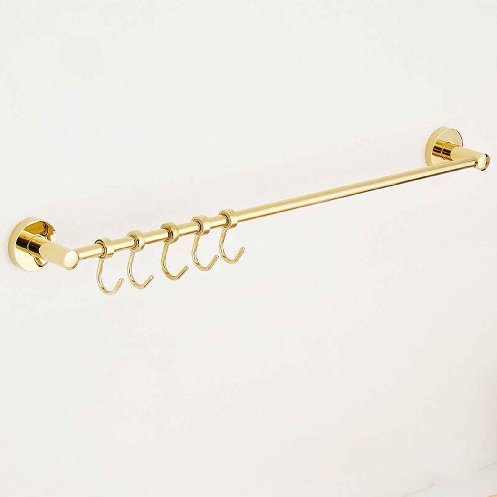 DECAKE Gold Brass Kitchen Rail with Movable Hooks, Wall Mounted Utensil Rack, Organizer for Spatula Pot Lid Bathroom Towel Bar(60cm/23in)