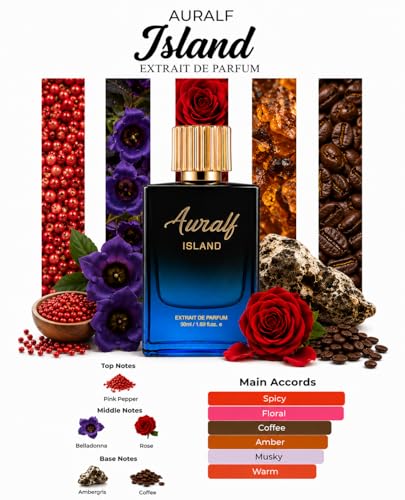 Image of Island Extrait De Parfum, 24hrs LongLasting, Spicy Floral Amber Scent, Pink Pepper, Rose, Ambergris and Coffee Notes, 50ml