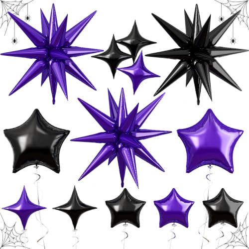 Image of Star Balloons Halloween Balloon Black Purple Explosion Stars Balloon | 22 /18 /10 In Metallic Purple Black Spike Stars Foil Balloon for Halloween Witch Themed Birthday Gradution Party Decorations