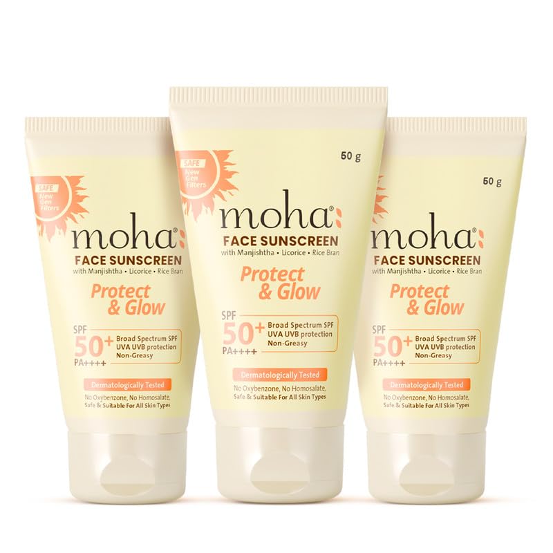 Image of Moha Face Sunscreen SPF 50+ PA++++ Pack Of 3, 50 g Photostable New-Gen UV Filters with Photoageing Repair Benefits | pH Balanced | Lightweight Sunscreen Lotion | Non-Comedogenic | For Sensitive Skin.
