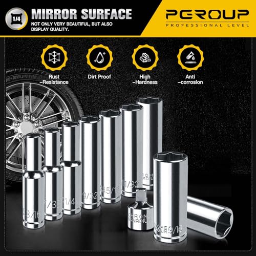 Image of 1 /4 inch Drive SAE Socket Set, 11PCS Deep Hex Socket Set (3 /16 inch-9 /16 inch), Cover Most Commonly Sizes, Chrome Vanadium Steel with 3 /8 inchF to 1 /4 inchM Socket Adapter