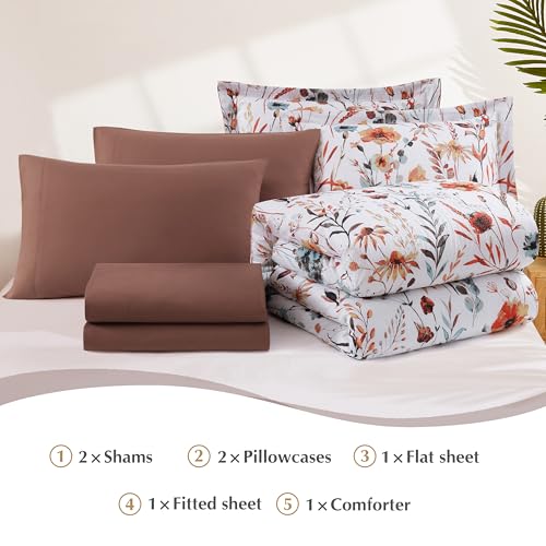 CASAAGUSTO Queen Comforter Set, 7 PCS White Floral Comforter Set with Terracotta Flowers Leaves Pattern, Soft Seersucker Design All Season Queen Bedding Set(90"X90")