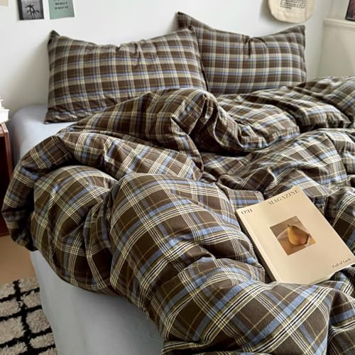 Image of PinkMemory Brown Blue Gingham Buffalo Plaid Duvet Cover King 100% Washed Cotton Vintage Checkered Duvet Cover Set 3pcs Retro Grid Bedding Set with Zipper Closure Corner Ties,Soft Breathable