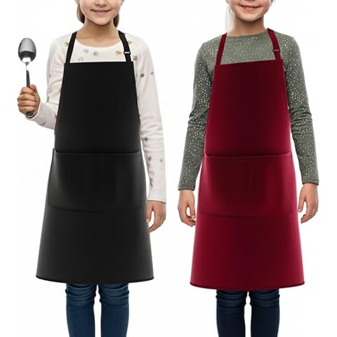LEFUNDA® 2 Cooking Waterproof Apron with 3 Pockets Adjustable BBQ Long Straps for Children Men Women Kitchen Restaurant Café Cover
