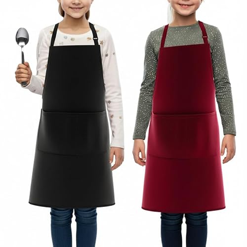 LEFUNDA® 2 Cooking Waterproof Apron with 3 Pockets Adjustable BBQ Long Straps for Children Men Women Kitchen Restaurant Café