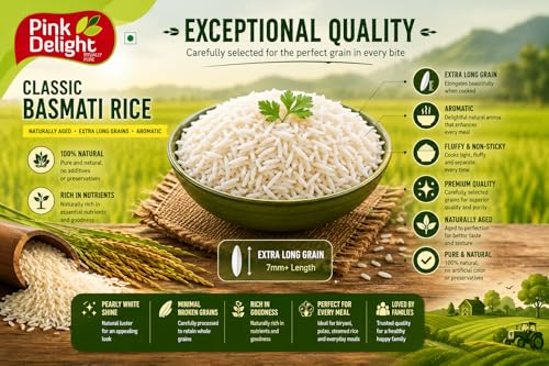 Image of Pink Delight Classic Basmati Rice 800g | 2 Year Naturally Aged Rice | Extra Long Grain Aromatic Biryani Rice | Premium Non Sticky White Rice for Pulao Fried Rice & Daily Meals