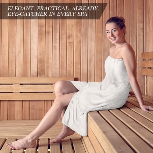 Aomig Saunakilt Damen Sauna Zubehör Saunahandtuch 80*140Cm mit Knopffrottee Saunarock Elastische Taschen Saunakleid Damen Grösse Anpassen Saunatuch Hamamtuch Saunakilt Tragbar Badetuch Frauen (Weiß)