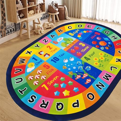 USTIDE Large Oval Kids Rug 6x9,ABC Alphabet Numbers Educational & Fun Classroom Rug Non-Slip Boys Play Mat Blue Rug Learning Area Rug for Bedroom Playroom Decor