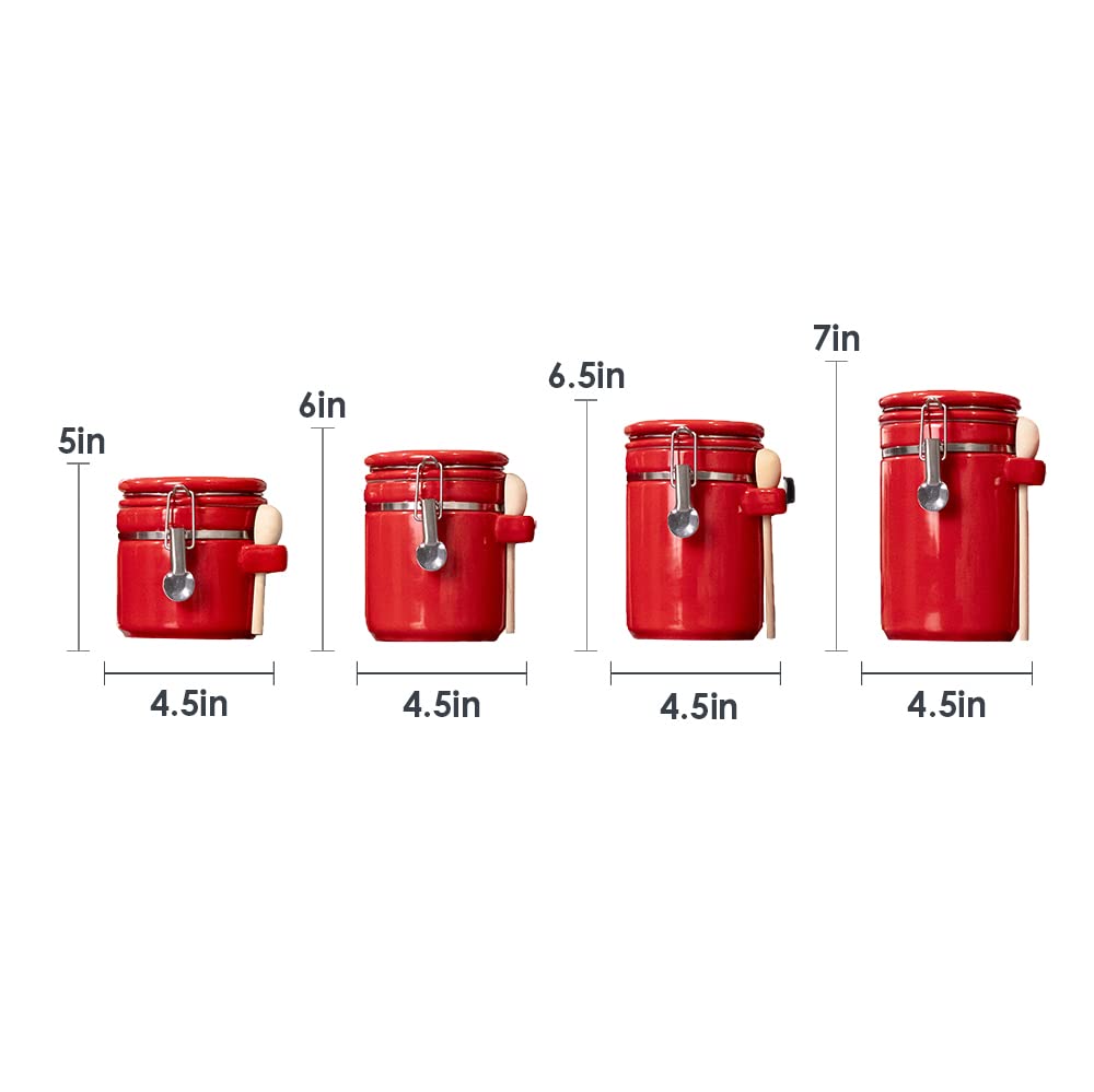 Home Basics CS44155 Home Basic - Set di 4 barattoli in ceramica con cucchiaio, ermetici, per bancone da cucina, zucchero, caffè, taniche in ceramica, rosso/gita, tinta unita (Getaway Solids)