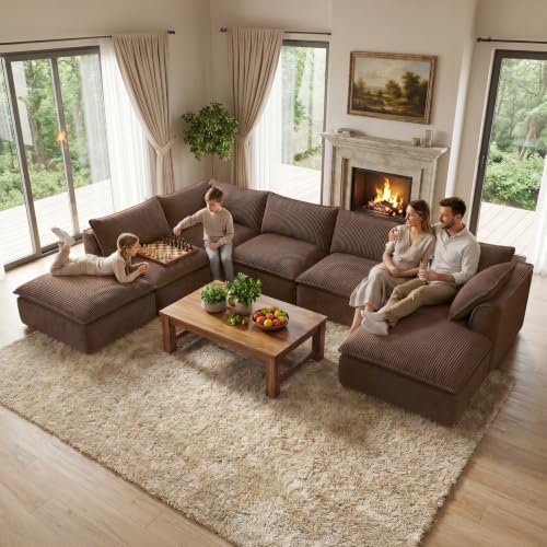 Vesgantti Oversized U Shaped 7 Seater Boneless Couch with Chaise, Brown