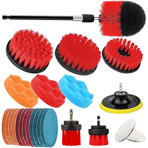 wintfarm 25PCS Drill Brush Attachment, Drill Brush for Cleaning Includes All Purpose Drill Brush, Scrub Pads & Sponge with Extend Attachment, Buffing Pads for Car Surfaces Cover
