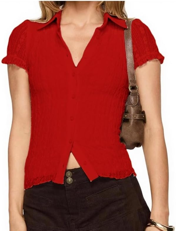 Women Y2k Lace Shirts Sexy Button Down V-Neck Lace Print Short Sleeve Slim Fitted Solid Color Crop Top - Image 2