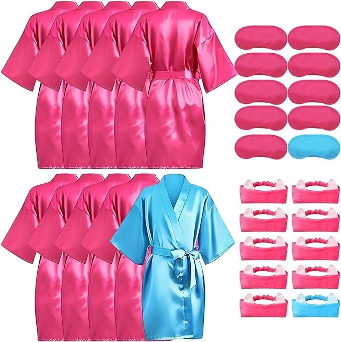 MSYU Juego de 30 piezas de suministros de fiesta de spa para niñas, batas de satén para fiestas de pijamas, suministros para fiestas de pijamas con diadema y venda para los ojos, regalo de cumpleaños