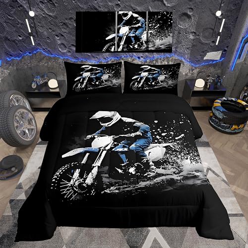 Feelyou Dirt Bike Comforter Set Queen Size Racing Themed Dirt Bike Bedding Set Ultra Soft Racing Motocross Bedding for Kids Boys Girls Motocross Comforter Room Decor Motorbike Quilt Set