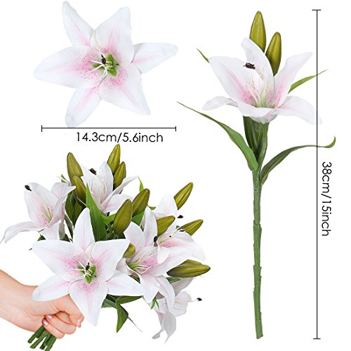 Rerxn Artificial Tiger Lily Latex Real Touch Flower Home Wedding Party Decor,Pack Of 5 (White With Red Heart) #TOP1