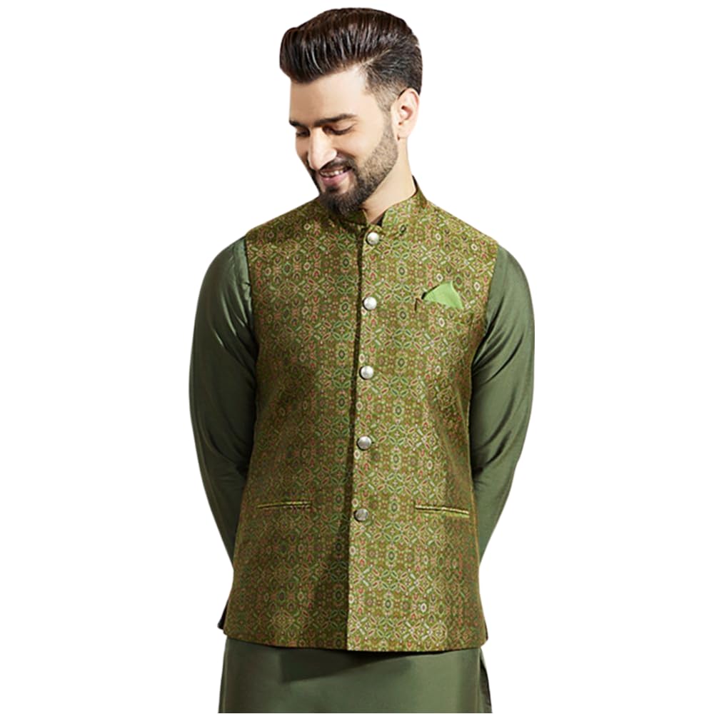 kisah Men's Nehru Jacket, Olive Silk Blend, Woven Design Regular Fit Mandarin Collar Sleeveless-picture-12