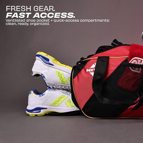 Image of Nivia X Punjab Kings Hit 2.0 Duffle Bag 22L - Ventilated Shoe Compartment, Quick-Access Pockets, Trolley Sleeve for Gym, Training & Travel