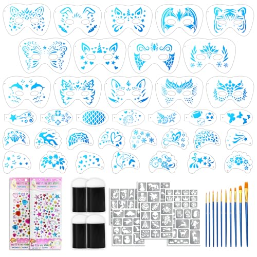 58 PCS Face Paint Stencils for Kids and Adults 36 Reusable Facial Painting Templates 6 Sticky Tattoo Stencils 10 Makeup Brushes 2 Adhesive Gem Stickers 4 Finger Sponges for Party Makeup