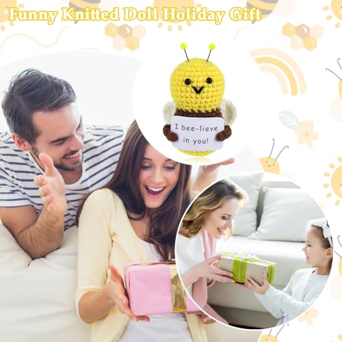 Image of Zibuyu Positive Bee Crochet Doll with Emotional Support Card Handmade Knitted Wool Plush for Cheer Up Gifts, Cute Room Decor, Party Decorations & Uplifting Friend Companion