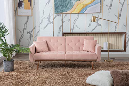 Yunlife, Mid Century Velvet Fabric, Modern Folding, Convertible Futon Bed, Recliner Couch Accent Loveseat Sofa With Rose Gold Metal Feet, Pink #TOP3