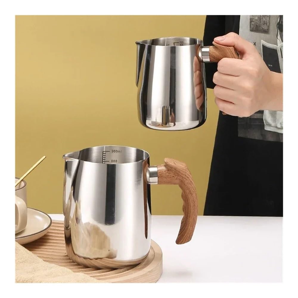 Milchaufschäumkännchen aus Edelstahl, 600/900 ml, präzise Skala, Holzgriff, Latte-Kaffeetasse, Kaffeezubehör, Küche, Café, Zubehör (600 ml, Silber)