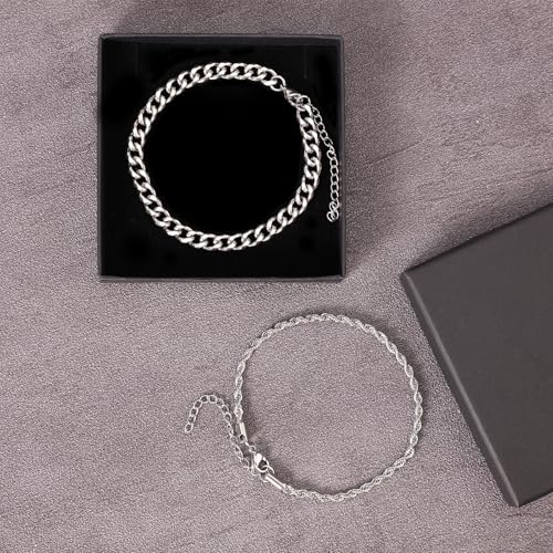 2pcs Silver Chain Bracelet for Men, Durable Waterproof Stainless Steel Cuban Link Bracelet Easter Gifts Fashion Men’s Jewelry for Him or Teens Boys Gift Ideas3