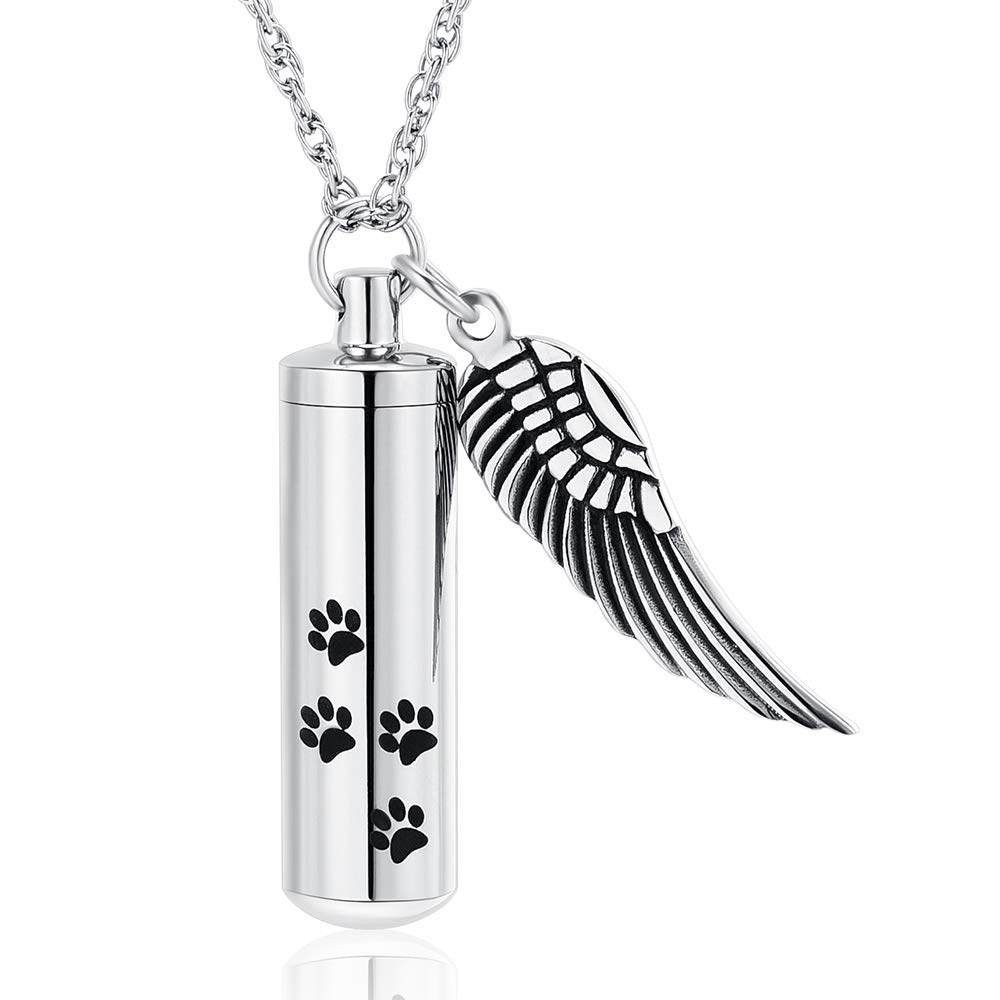 shajwo Cremation Jewelry Paw Print Urn Necklaces for Human Pet Ashes Cylinder Urn Pendant Keepsake Memorial Ash Locket Holder Necklace for Men Women