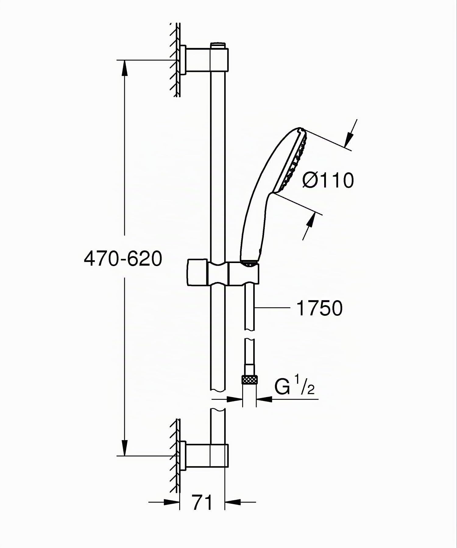 GROHE Vitalio Start 110 Set Saliscendi Doccia (1 getto Rain fisso, asta 600 mm, bordo in silicone antiurto, SpeedClean anticalcare), Cromo, 27942001