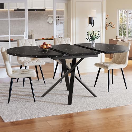 Yihomfy Table à Manger Extensible Ronde 100-140 cm avec 4 Chaises Velours Beige - Ensemble 5 Pièces, Plateau Effet Marbre, Pieds Métal X, Rangement...