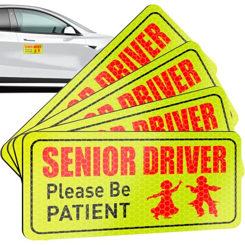 4 PCS Senior Driver Stickers, Senior Driver Car Magnet, Reflective Magnetic Safety Sign, Please Be Patient Seniors Drivers Magnet for Old People Gifts, Safe Decals for Cars Bumper, Car Accessories