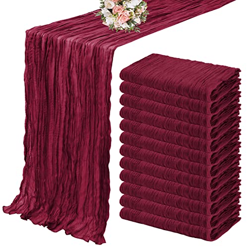 12 Pack Cheesecloth Table Runner 35 X 120 Inch Long Boho Cheese Cloth Gauze Table Runners Semi Sheer Table Runner For Wedding Decor, Bridal Shower, Birthday Party (Burgundy) #TOP30