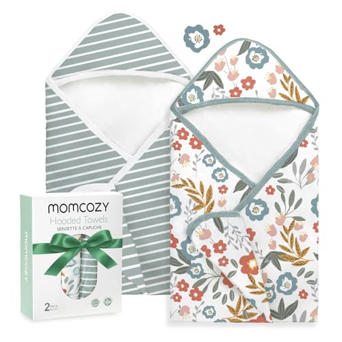 Image of Momcozy Baby Towel with Hooded-2 Pack Soft Bath Towel Set-Shower Gifts or Bath Essential for Infant,Newborn, Toddler (28 X 28 Inch, Petite Blossom)