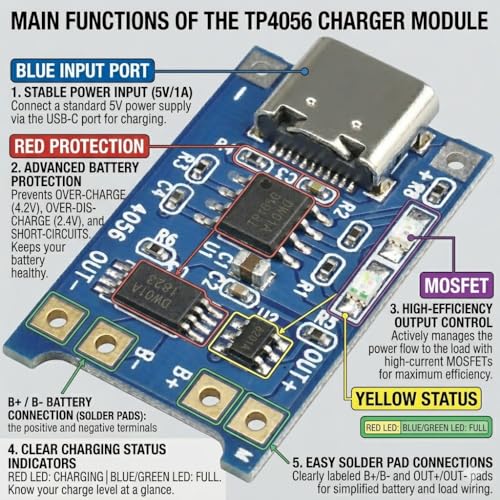 Image of (1PCS) TP4056 USB-C 5V 1A Lithium Battery Charging Module with Dual Protection IC - 18650 Li-ion LiPo Charger Board with Overcharge & Overcurrent Protection