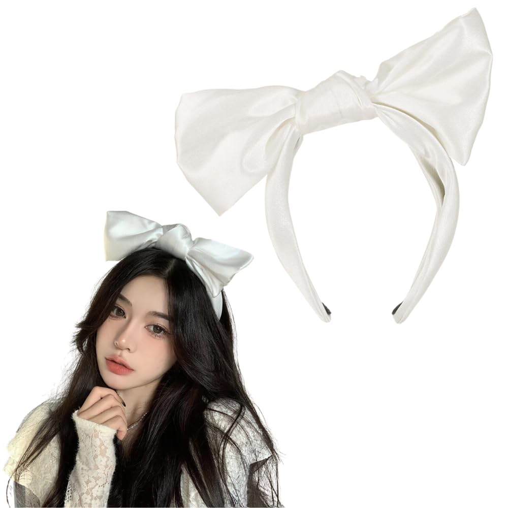 AIUPUOC White Bow Headbands for Women French Big White Hair Bows Silky Fabric Design Hair Band Accessories 1Pcs