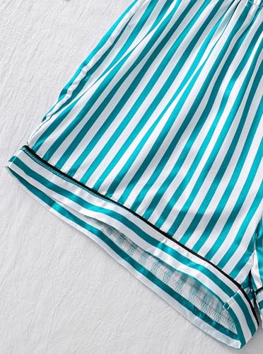 Image of Remidoo Women's Silk Satin Pajama Set Striped Button Down Pjs Short Sleeve Loungewear Green X-Large