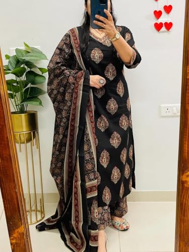 Image of Rangnavi Women's Cotton Trending Straight Kurta with Pants and Dupatta Set | Ethnic Set (BLACK)