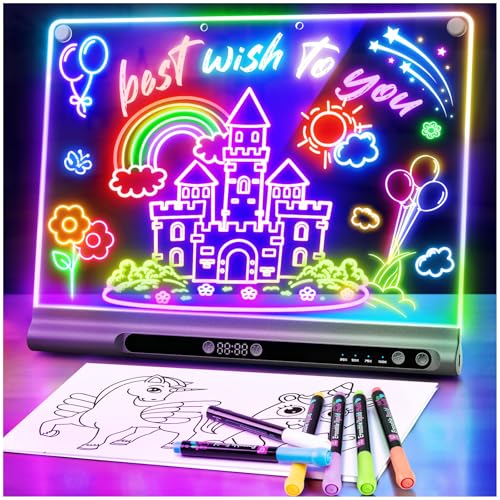 Image of Geokay 16 inch Rechargeable LED Drawing Board, 9-Color Light Modes with Timer & Built-in Stand, Neon Glow Up Dry Erase Doodle Note Pad, Sketching Gift Toy for Kids /Girls /Teens, 6 Markers & Tracing Book