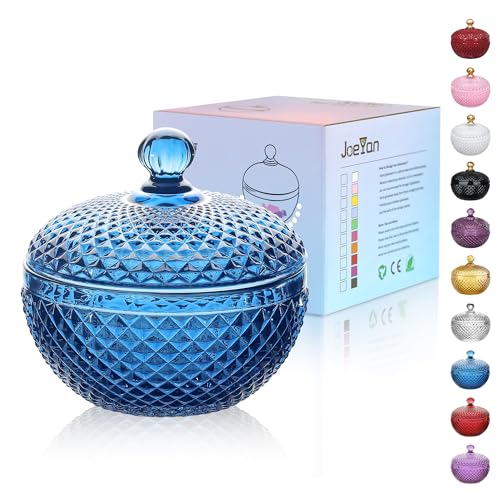 Joeyan 12 oz Small Blue Glass Jewelry Box Jars with Lid,Embossed Glass Candy Dishes,Diamond Faceted Food Container,Decorative Apothecary Canisters,Colored Kitchen Bathroom Buffet Storage Organizer