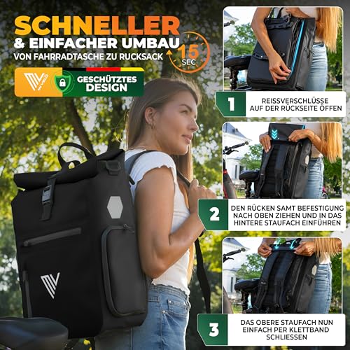 MIVELO 3in1 Fahrradtasche für Gepäckträger I Rucksack & Gepäckträgertasche hinten - in 15 Sekunden umgebaut I Fahrradrucksack 100%… – Ansicht 3