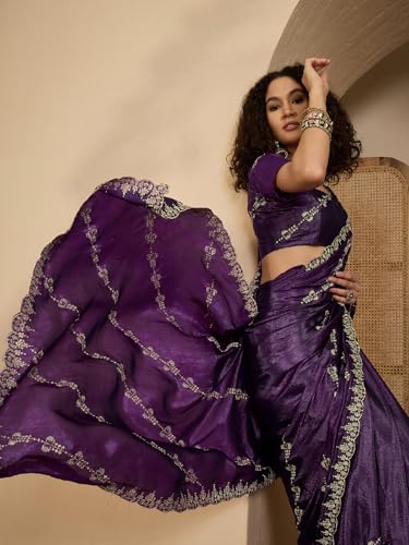 Image of SIRIL Women's Shimmer Georgette Embroidery Scalloped Border Saree with Unstitched Blouse Piece