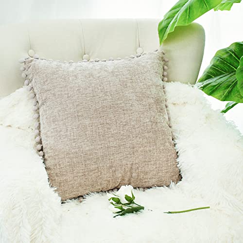 CaliTime Pillow Cases Pack of 2 Cozy Solid Dyed Soft Chenille Cushion Covers with Pom Poms for Couch Sofa Home Decoration 55cm x 55cm Taupe - Image 3
