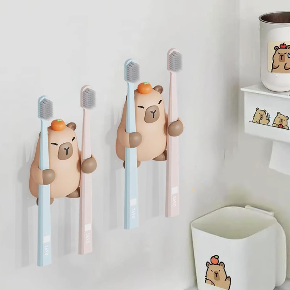 Toothbrush Holders for Bathroom Cute Capibala Electric Toothbrush Holder, Wall-Mounted Bathroom Storage Rack with Hooks No-Drill Installation