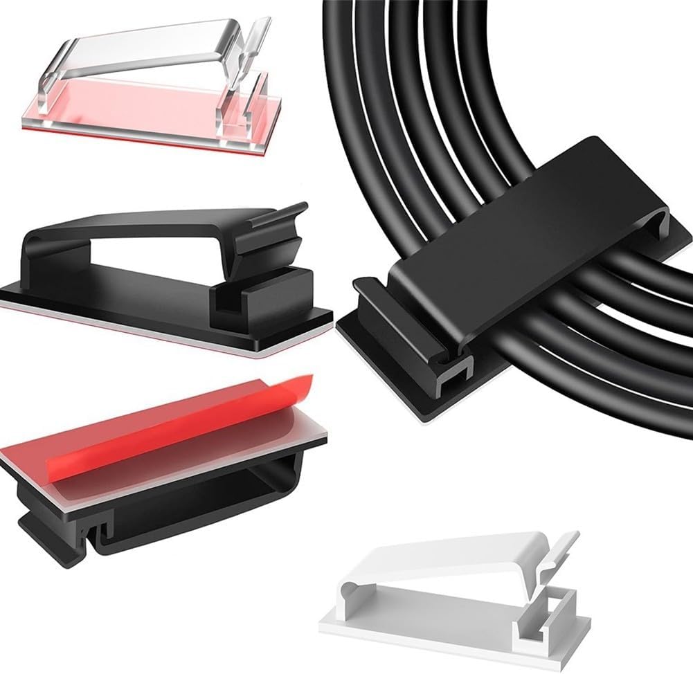 20-Pack Self- Cable Clips Home Office, Strong PA Wire Holders to Organize Cords, Desktop Cable Management Solution (White/Black/Clear)(White)